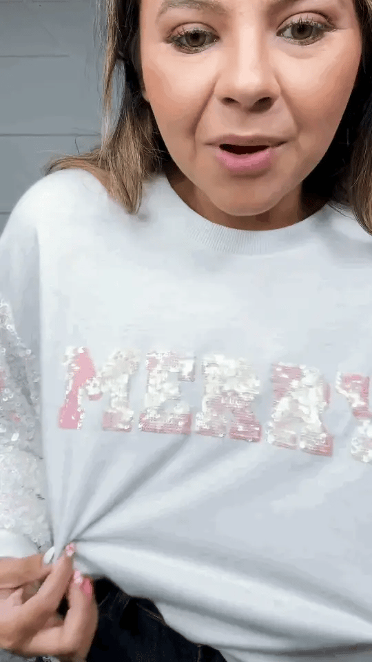Merry White Sweatshirt w/Sequins