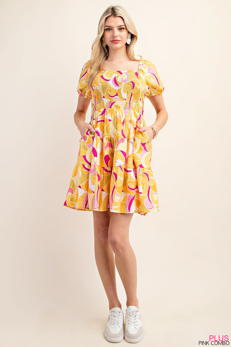 Pink Babydoll Smocked Tiered Puff Sleeve Dress