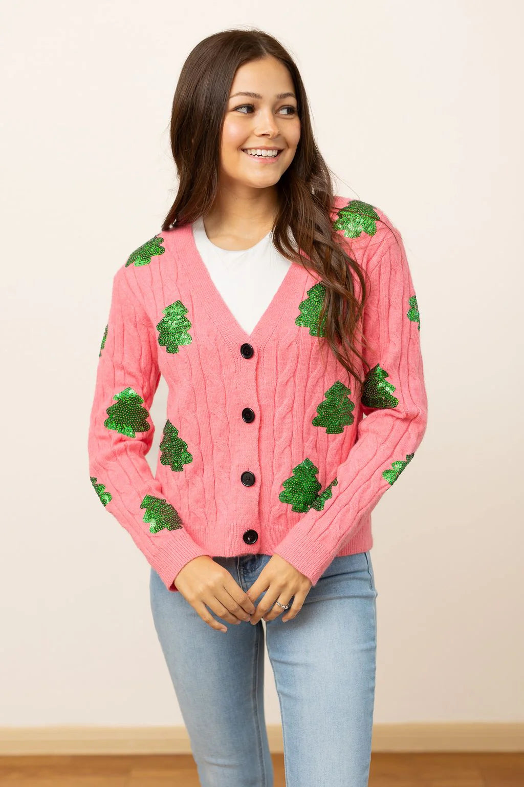 Sequin Tree Button Up Cardigan