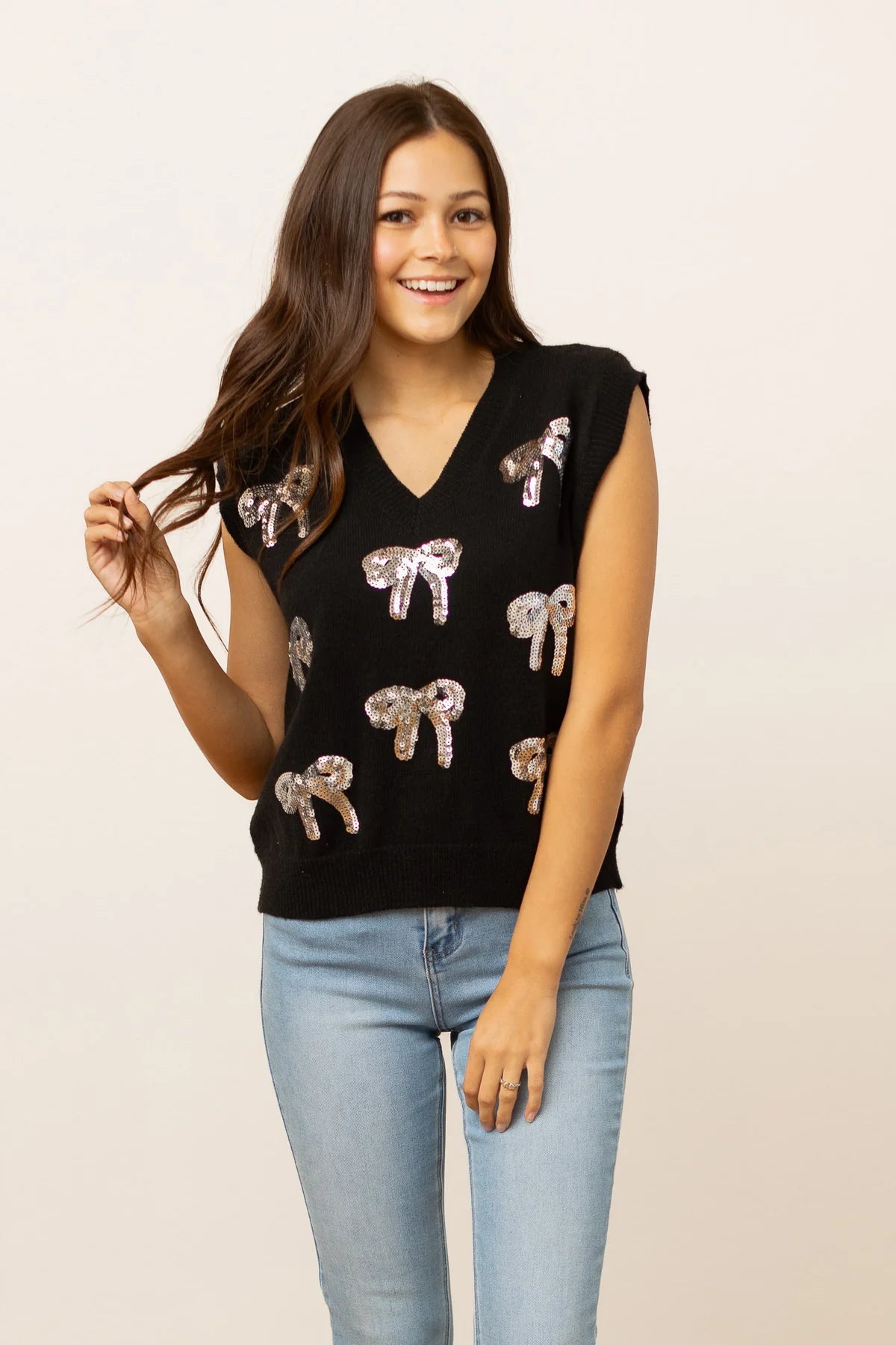 Black Bow Sequin Sweater Vest