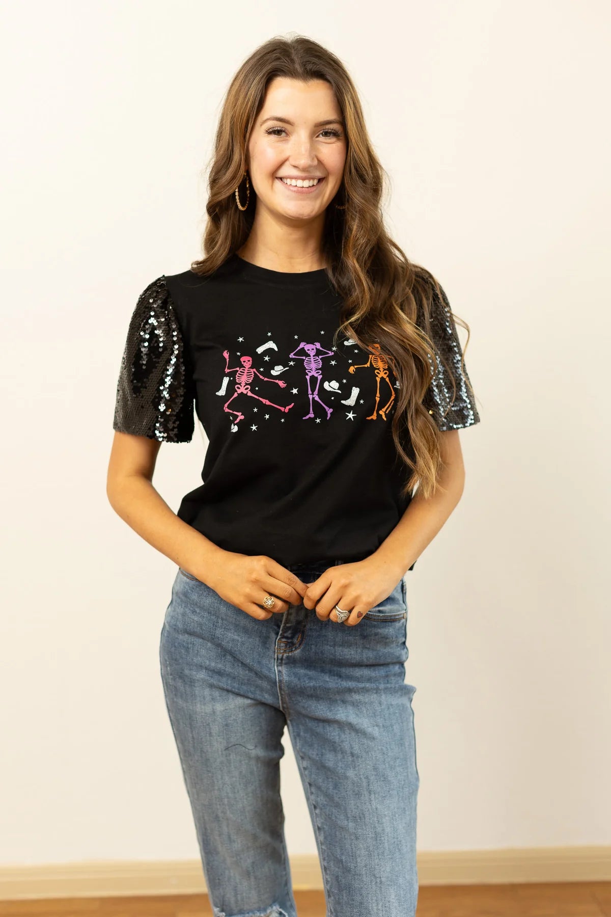 Skelton Black Top w/Puff Sequin Sleeves