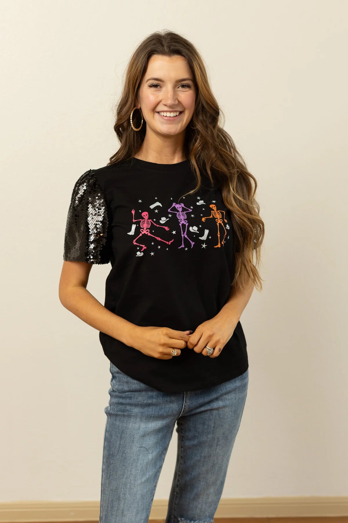 Skelton Black Top w/Puff Sequin Sleeves