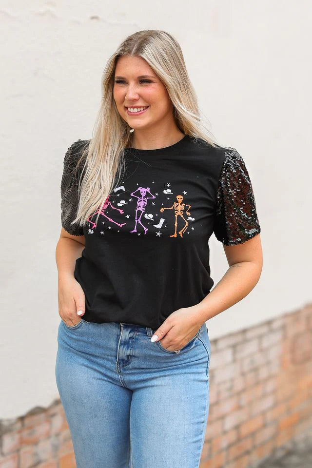 Skelton Black Top w/Puff Sequin Sleeves