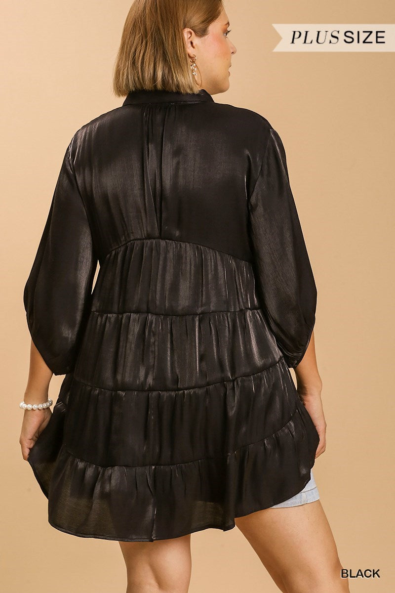 Plus Satin 3/4 Slv Collar Button Down Tunic Dress