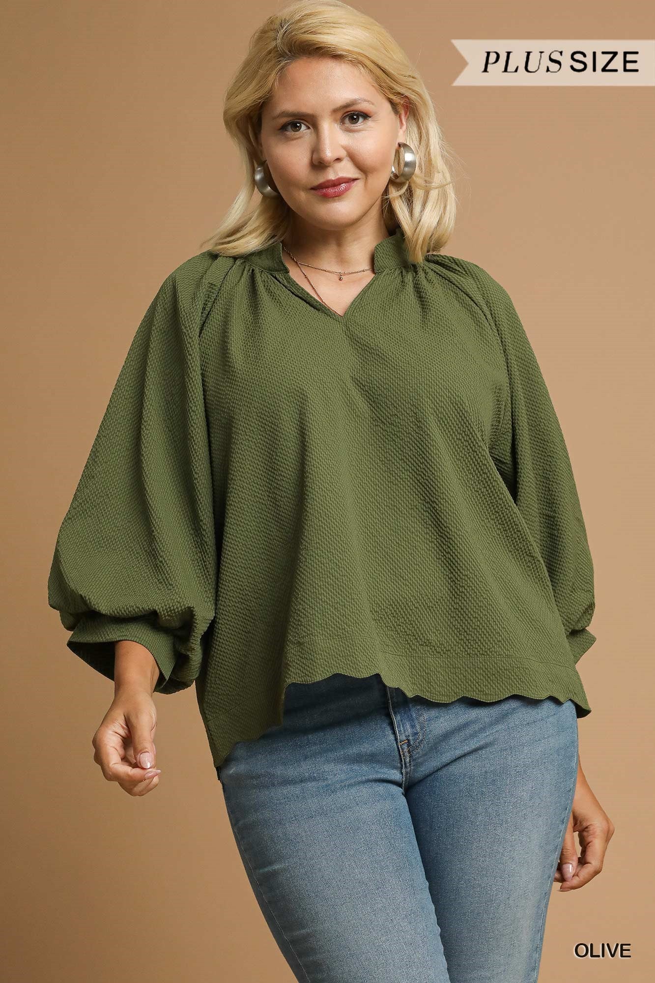 Split V Neck Top with Balloon Sleeves Plus