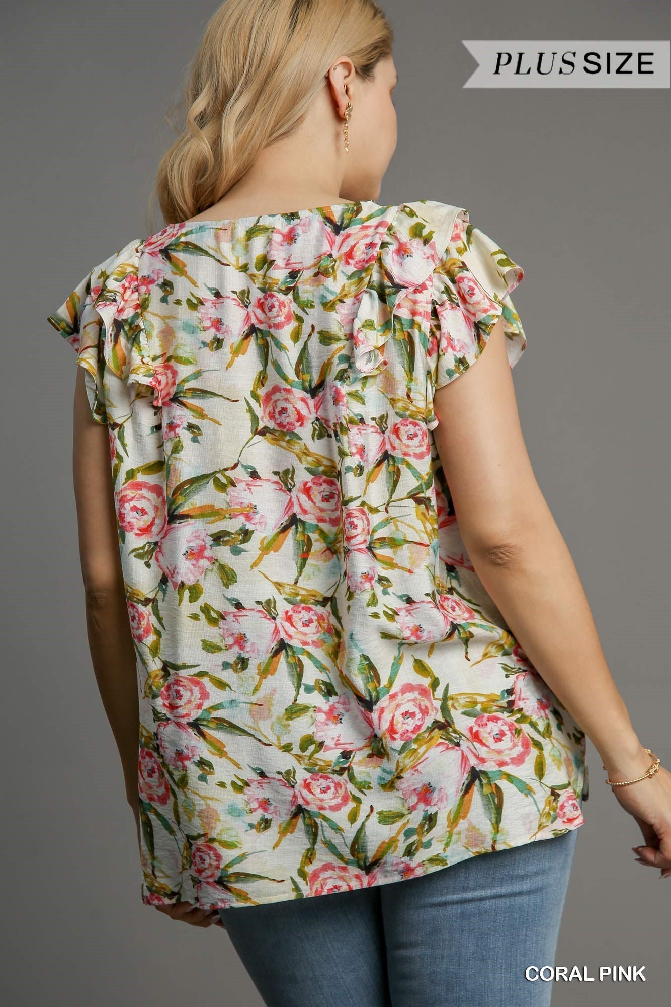 Floral Print V-Neck Boxy Cut Top with Double Flutter Sleeves