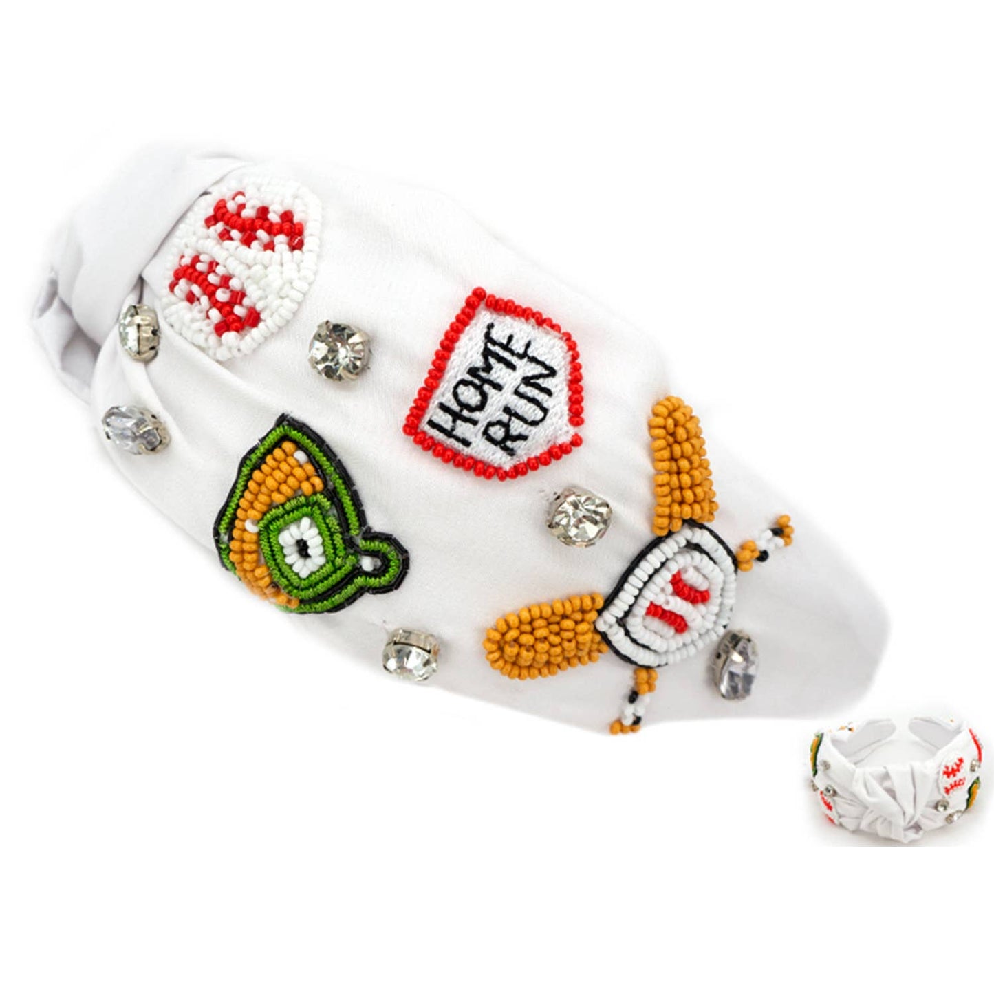 Sophia Collection - Baseball Themed Knotted Jeweled beaded Headband : White