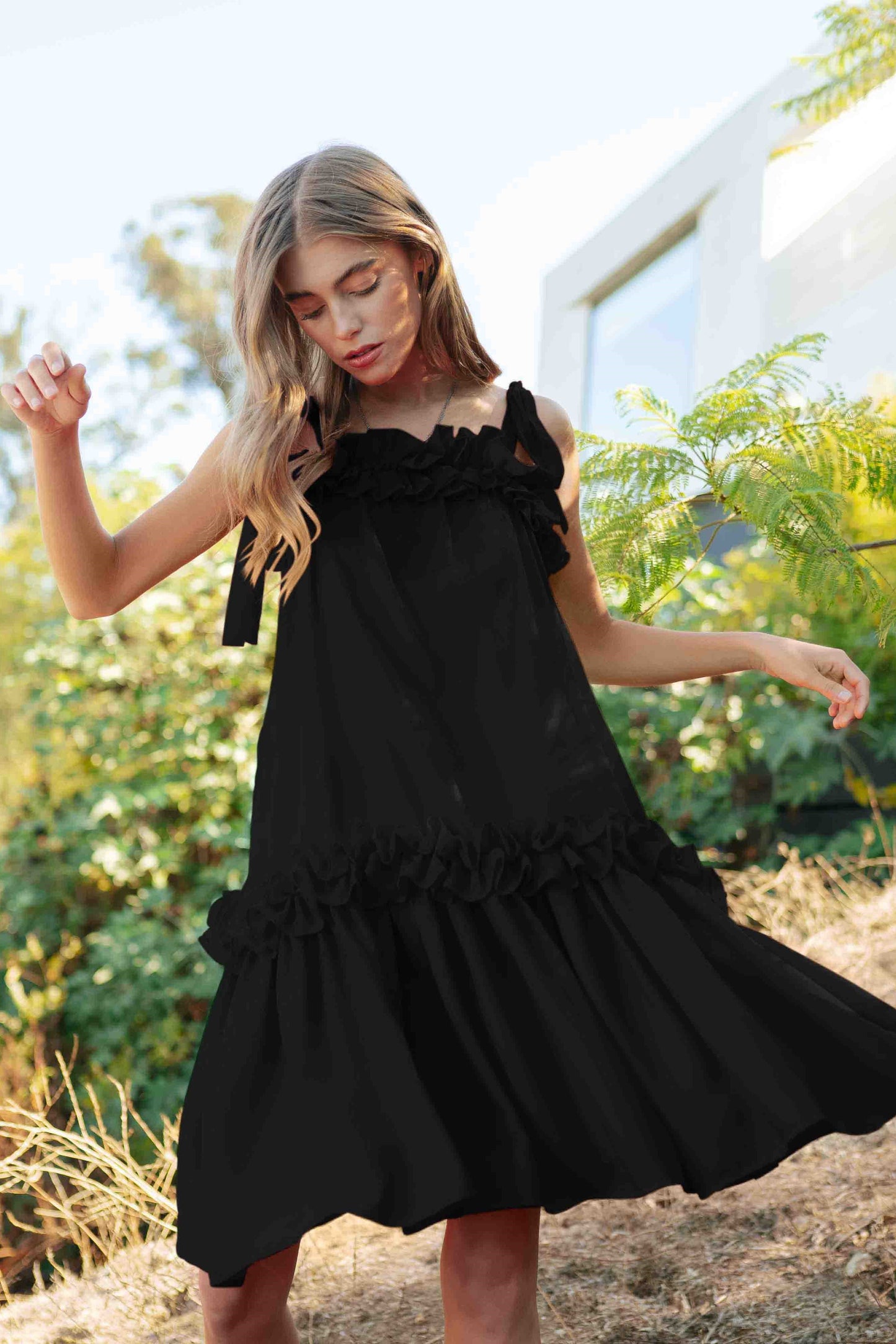 Square Neck Frill Detail Ruffled Mini Dress