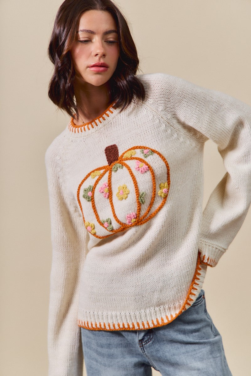 Pumpkin Floral Embroidered Thanksgiving Sweater