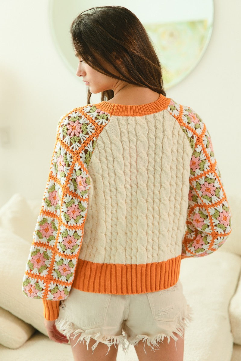 HANDMADE GRANNY SQUARE RAGLAN SLEEVE CABLE KNIT SW