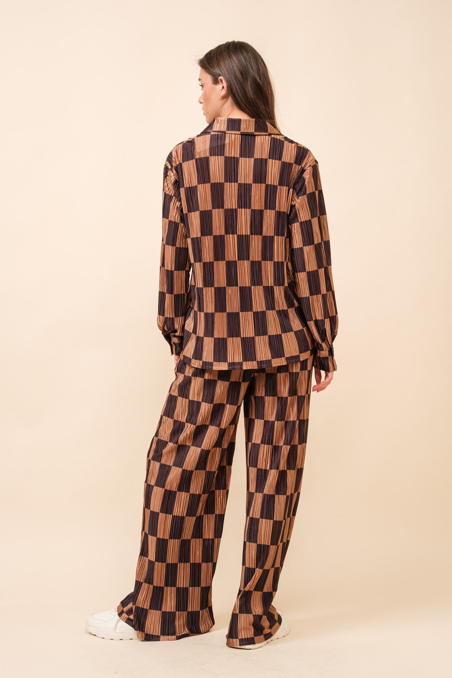 Pleated Checker Print Shirt Pants Set