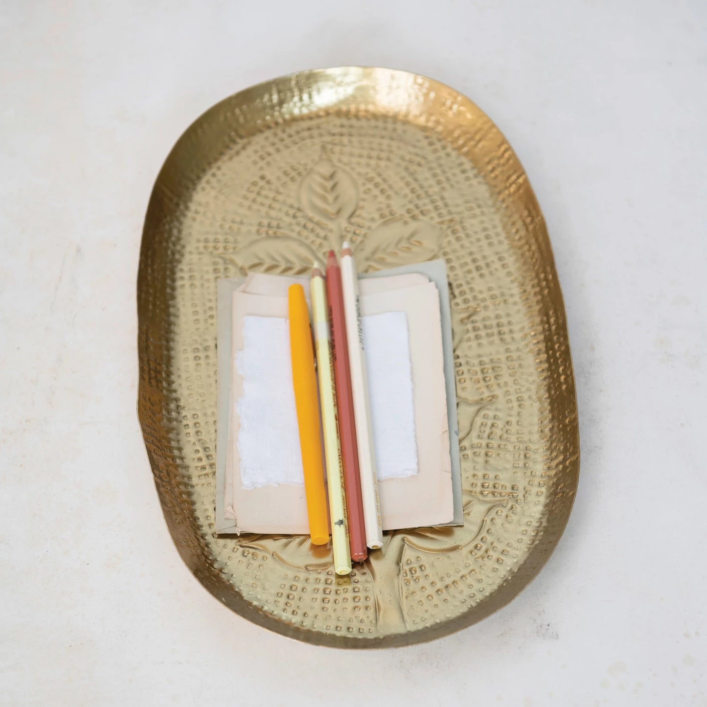 Decorative Debossed Metal Tray, Antique Gold Finish