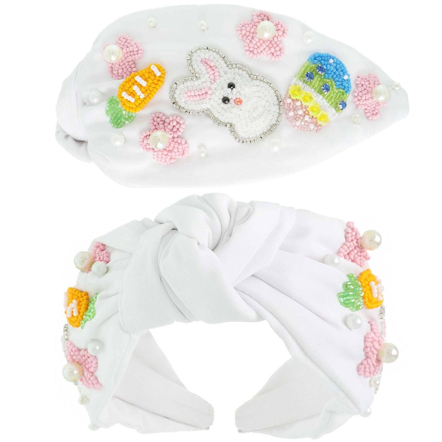 Sophia Collection - Floral Easter Bunny Beaded Top Knotted Headband: Pink