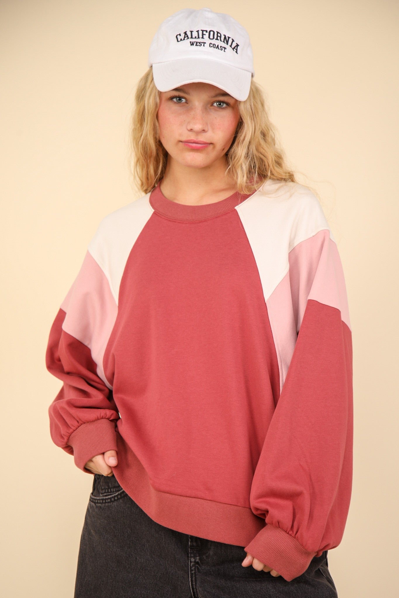 Color Block Raglan Sleeve Comfy Knit Sweatshirt Top