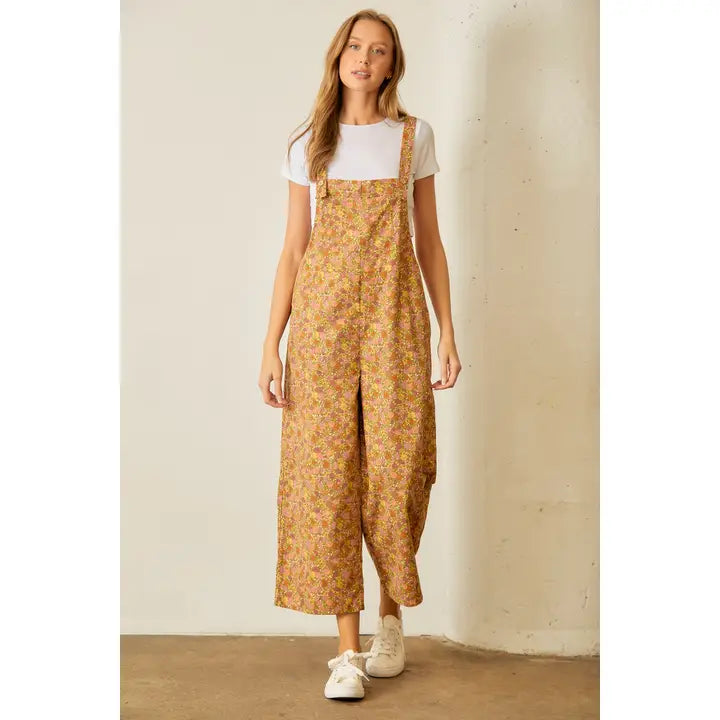 Floral Print Corduroy Overall