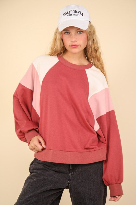 Color Block Raglan Sleeve Comfy Knit Sweatshirt Top