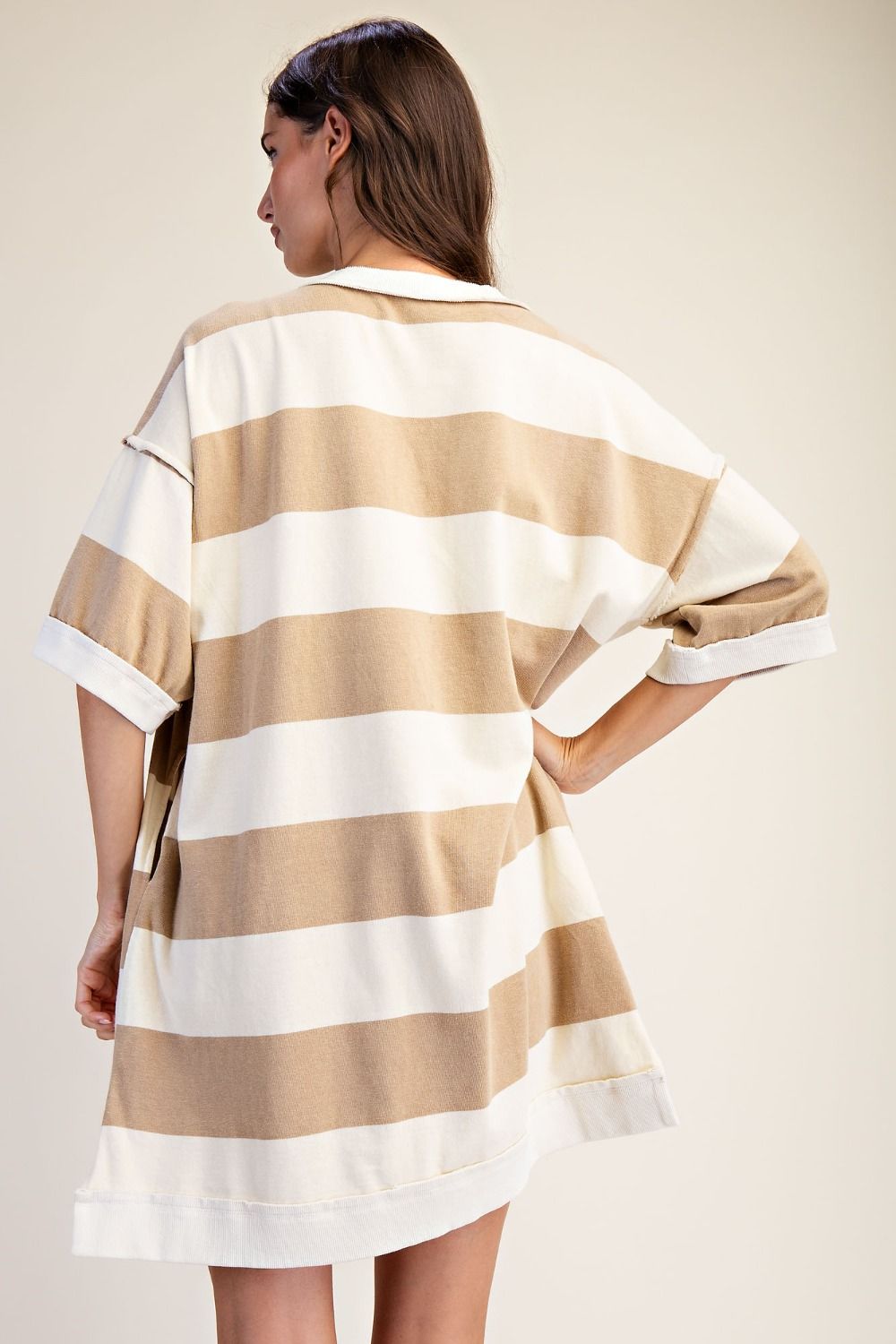 Causal Stripe T-Shirt Dress-Mocha