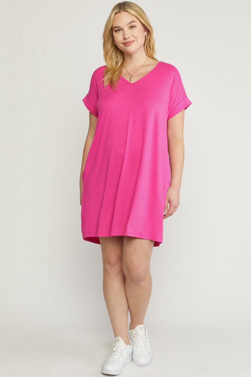 Solid V-Neck Short Sleeve Dress w/Pockets