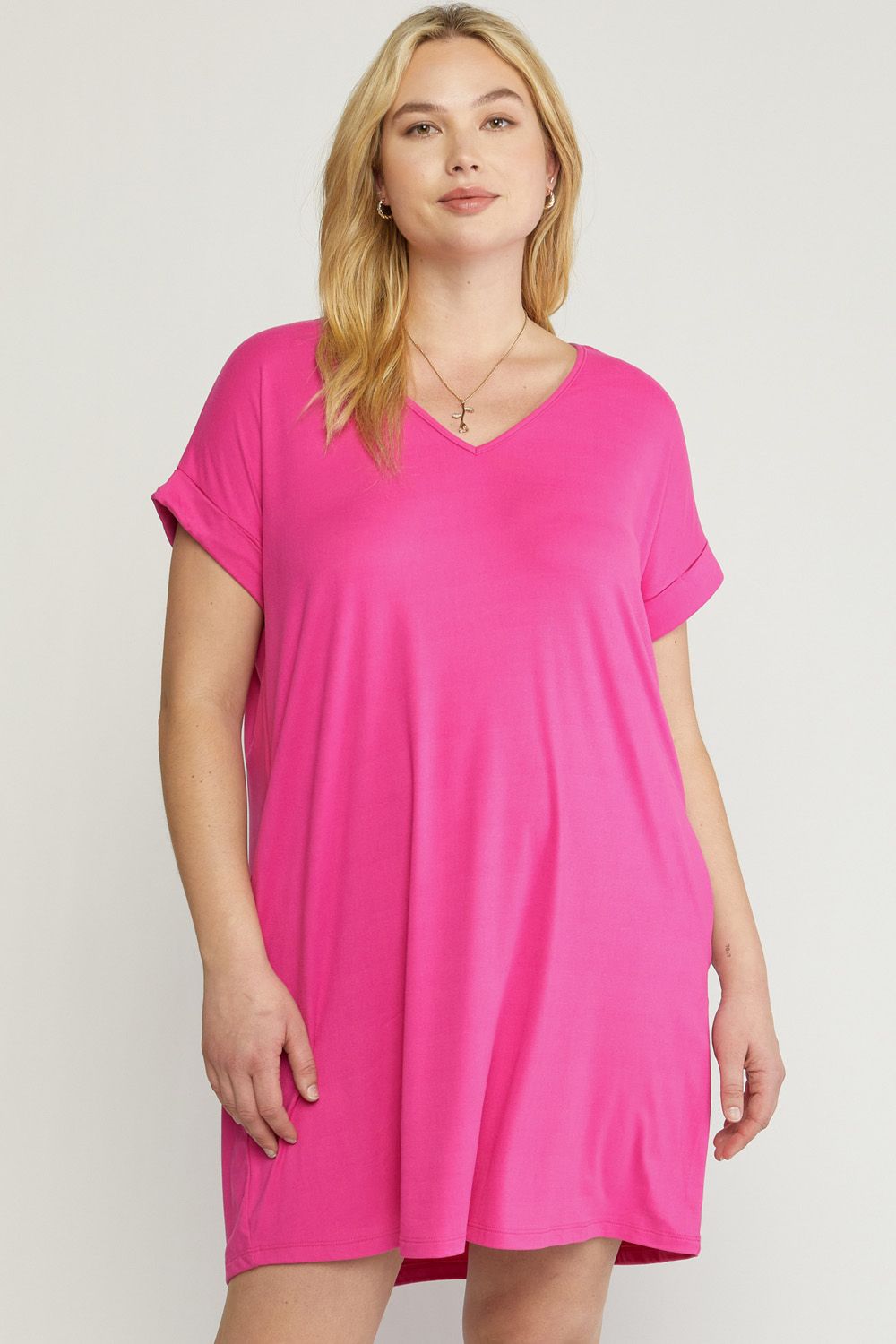 Solid V-Neck Short Sleeve Dress w/Pockets