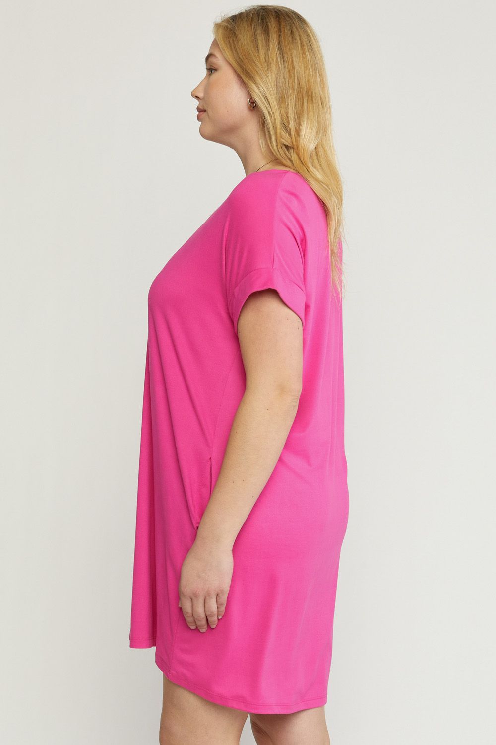 Solid V-Neck Short Sleeve Dress w/Pockets