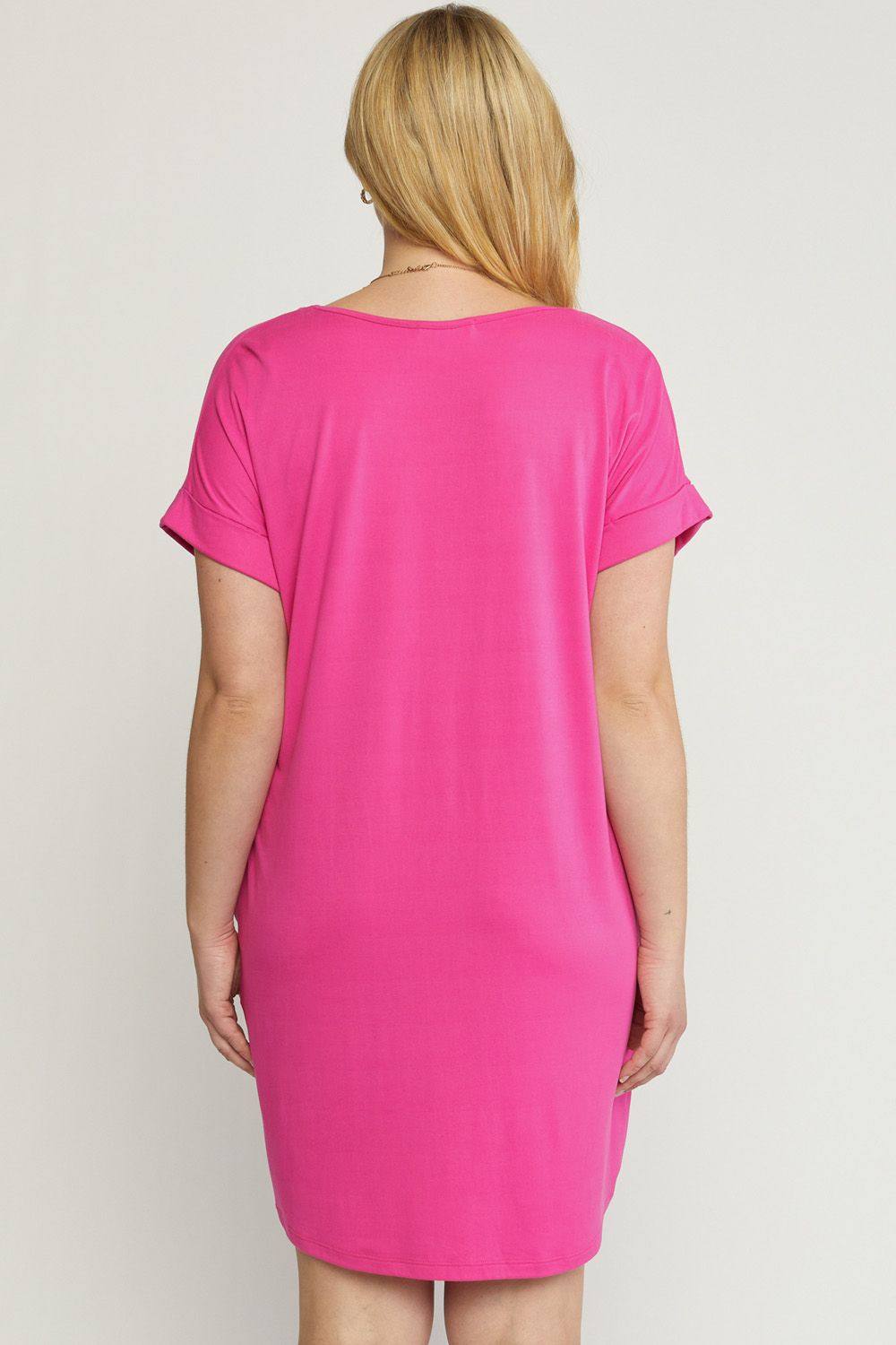Solid V-Neck Short Sleeve Dress w/Pockets