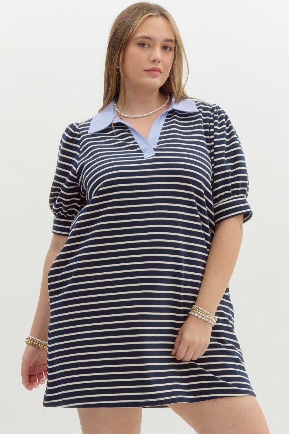 Stripe print v-neck puff sleeve collared mini dress Navy