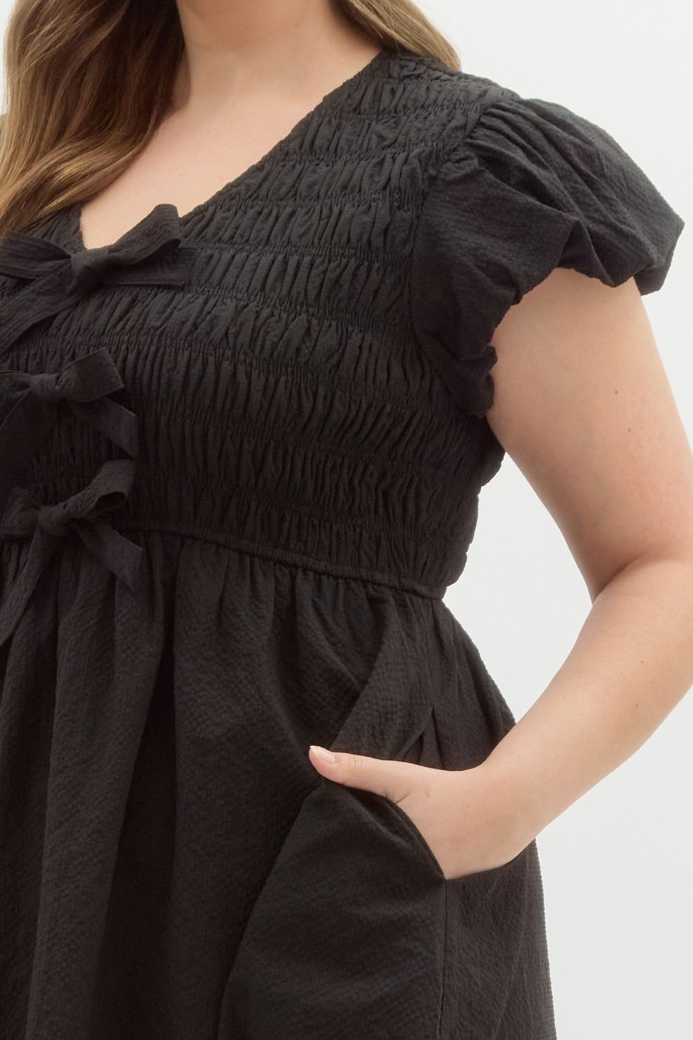 Solid textured short bubble sleeve dress