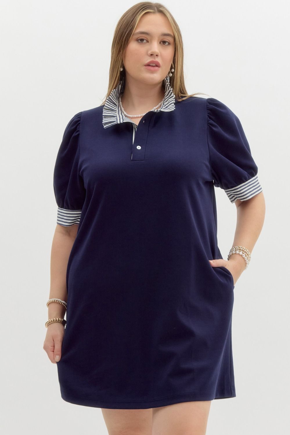 Short Sleeve Pullover Polo Dress With Ruffle Neck