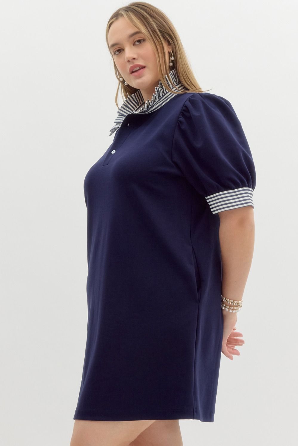 Short Sleeve Pullover Polo Dress With Ruffle Neck
