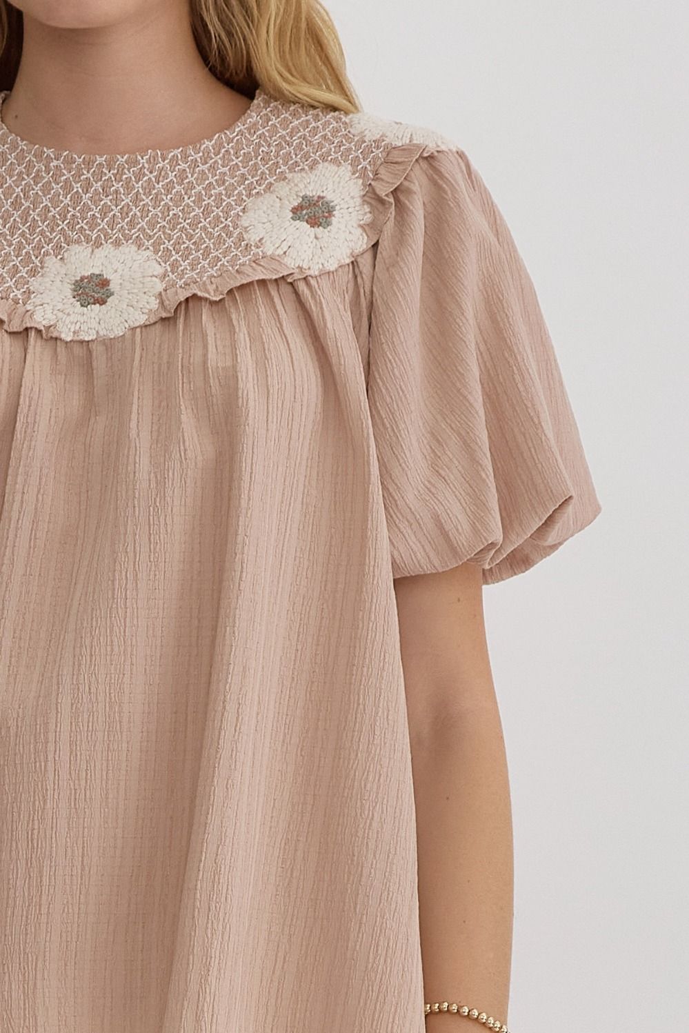 Mocha Smocked Babydoll Top w/Floral Details