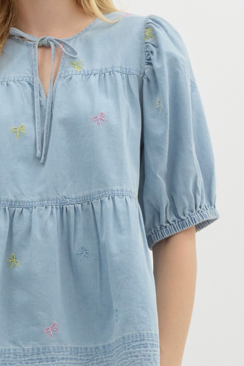 Bow Embroidered Denim Top