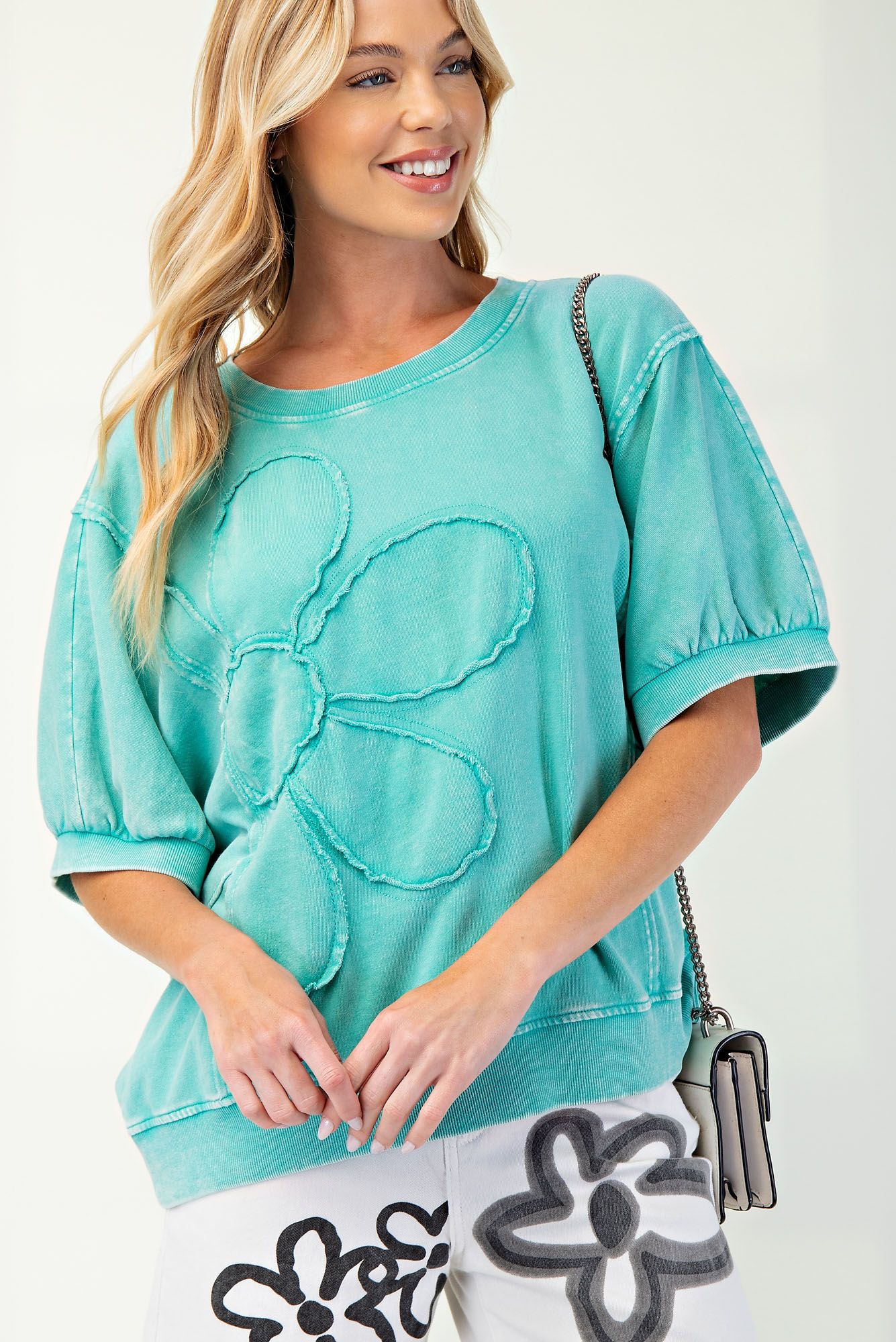 Daisy Patch Mineral Wash Terry Knit Pullover Atlantis Green