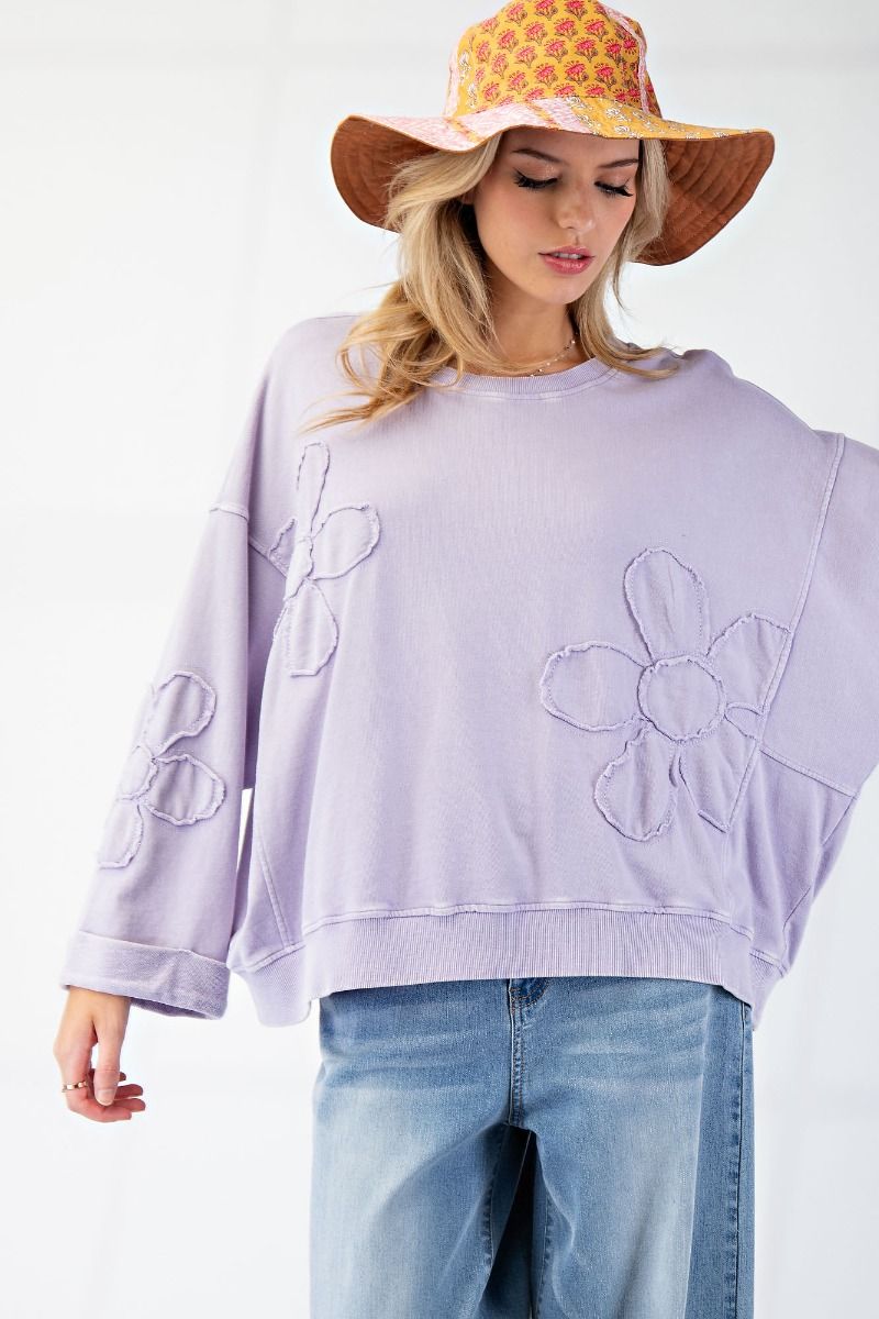 Dusty Lavender Cuffed Sleeve Mineral Washed Flower Patch Detailing