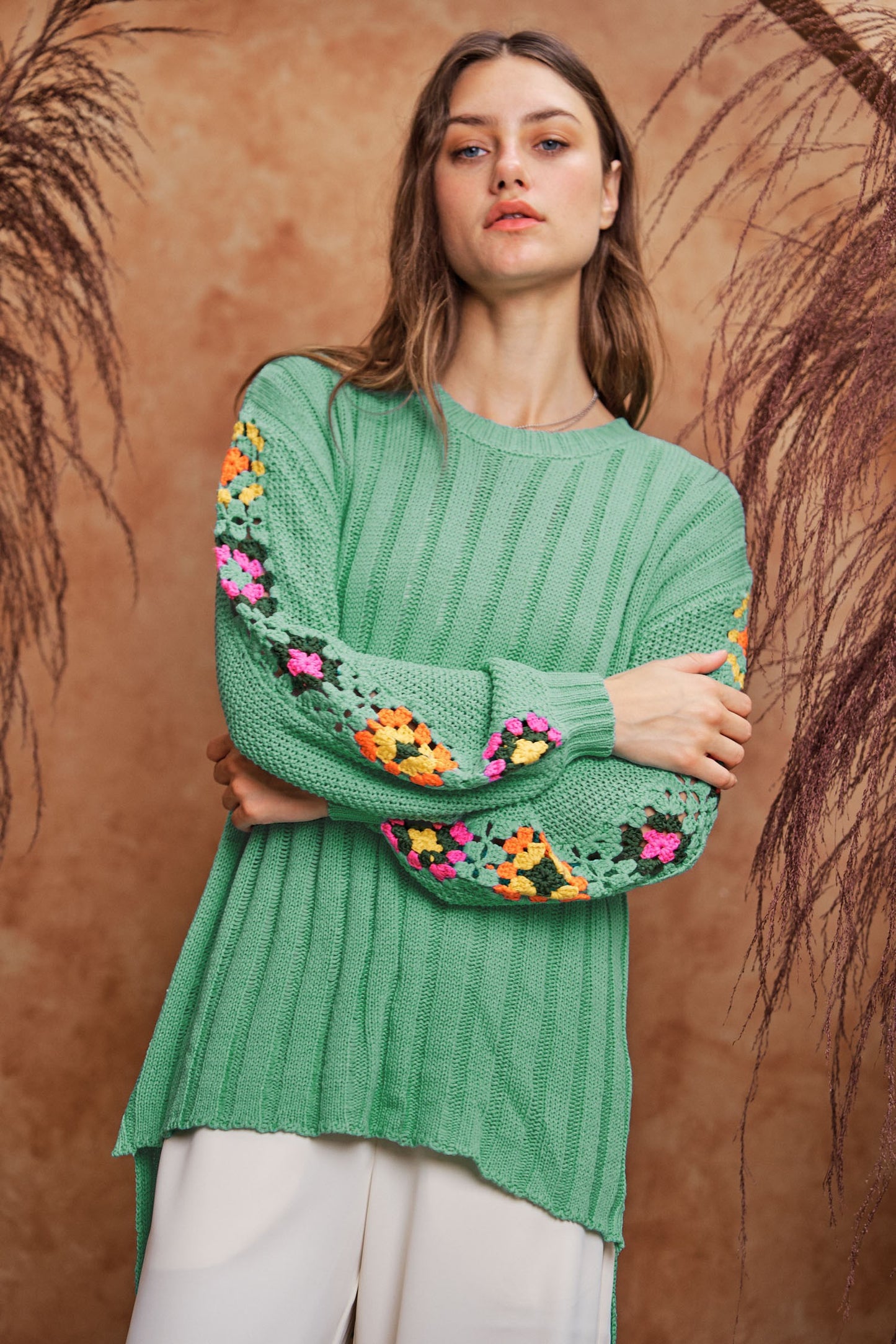 Sage Knitted Crochet Sleeve Sweater