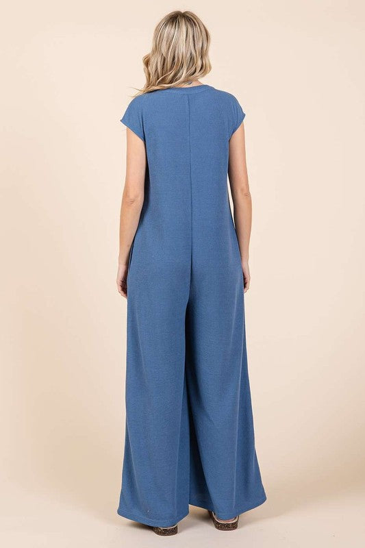 Waffle Knit Short Sleeve Wide Leg Jumpsuit