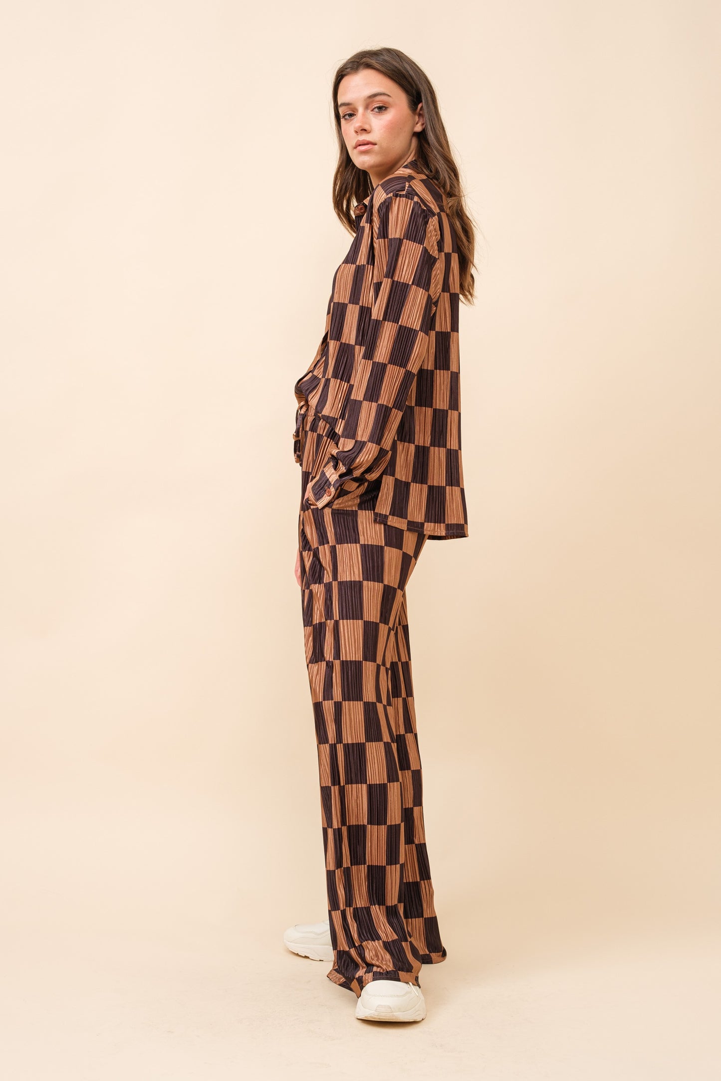 Pleated Checker Print Shirt Pants Set