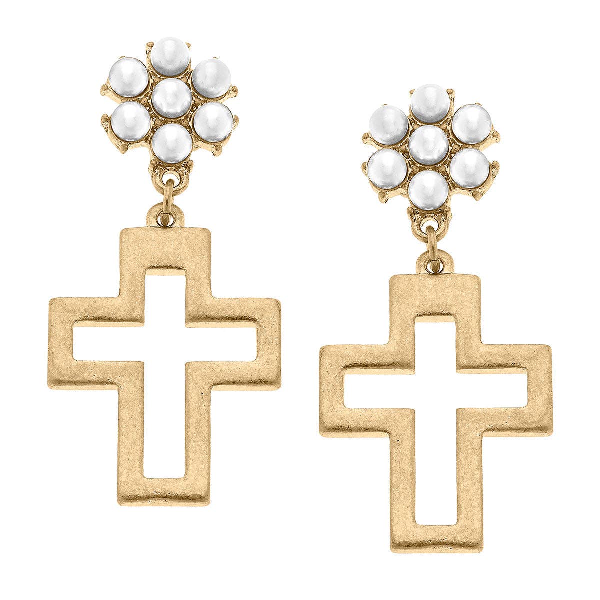 Canvas Style - Charolotte Cross Pearl Cluster Drop Earrings in Worn Gold
