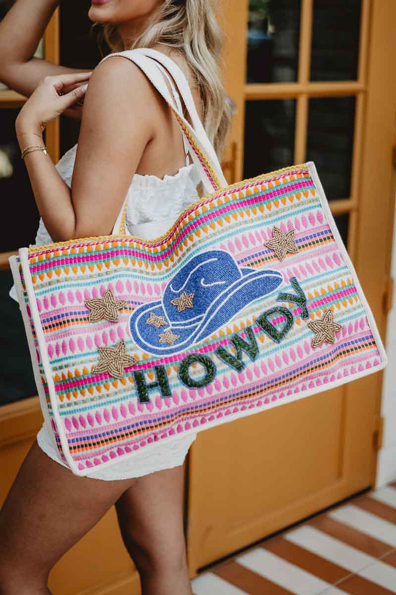 HOWDY Cowgirl Hat Striped Tote Bag