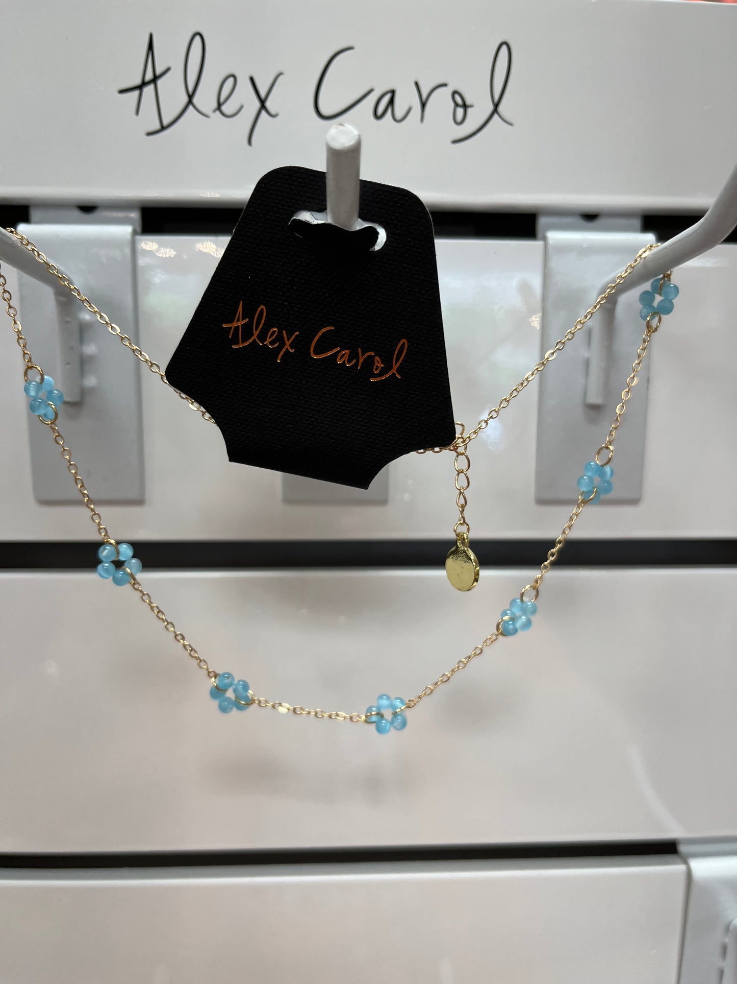 Gold Tone Single Strand Blue Bead Flower Necklace 16-20 N23112