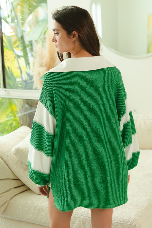 CORD RIB WITH COLOR BLOCK CONTRAST STITCHING V NECK COLLARED TOP