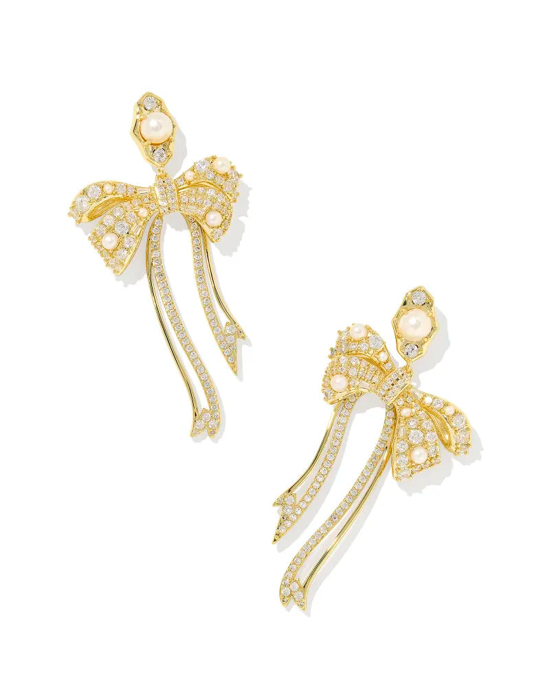 Krista Gold Bow Statement Earrings in White Mix