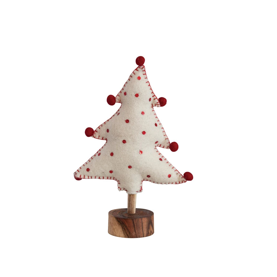 Wool Felt Tree w/ Sequins, Pom Poms & Wood Base
