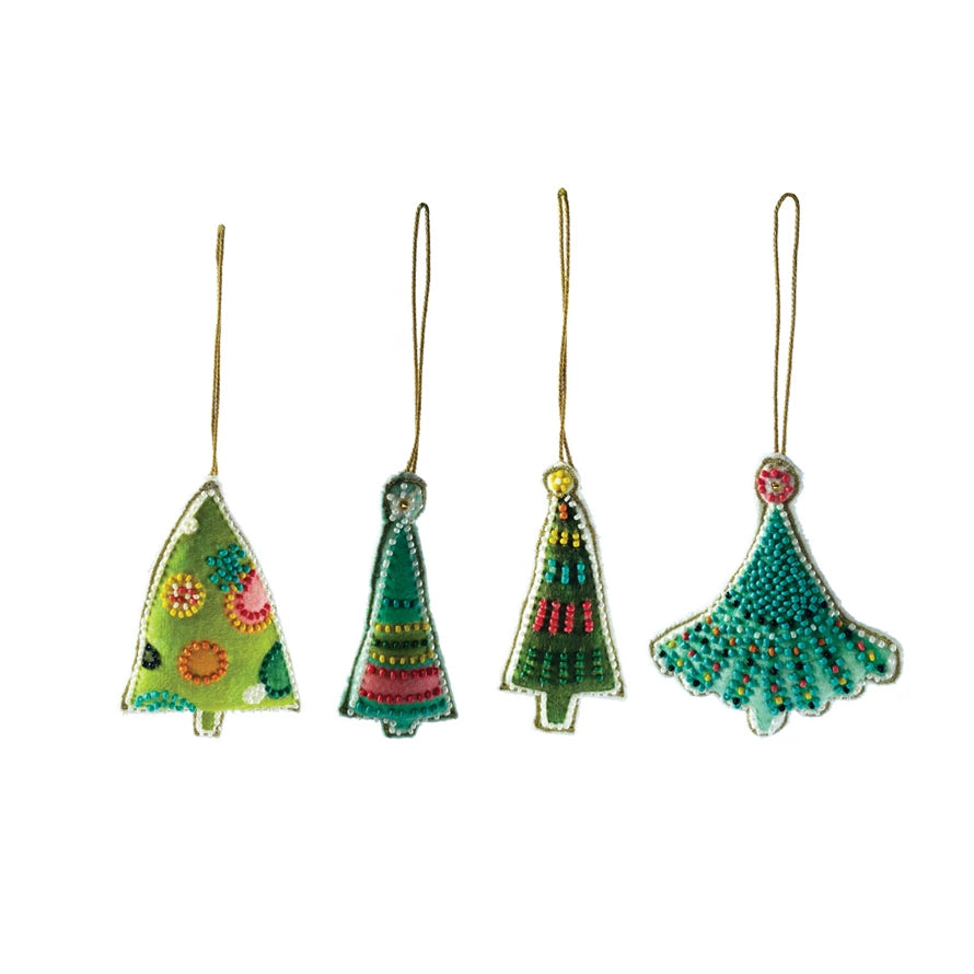 Cotton Velvet Christmas Tree Ornament w/ Embroidery & Glass Beads, 4 Styles ©