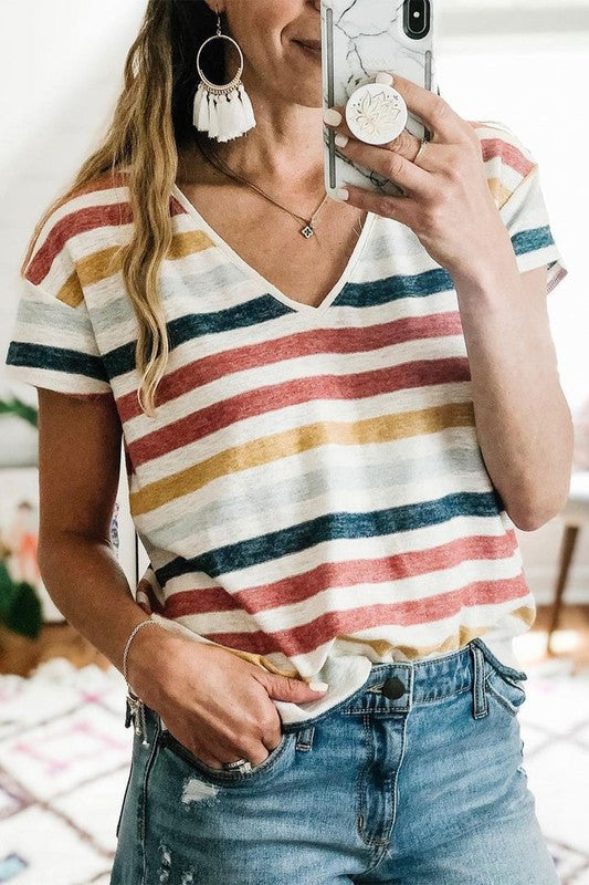 Multicolor Striped V Neck T-shirts