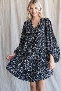 Leopard Print Draped Bubble Sleeve Dress