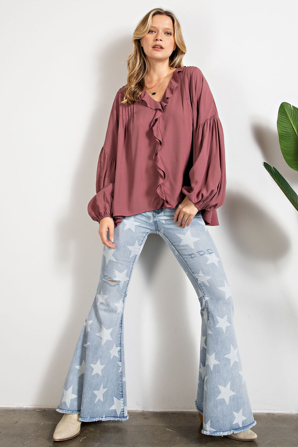 Red Bean Challie Ruffle Top