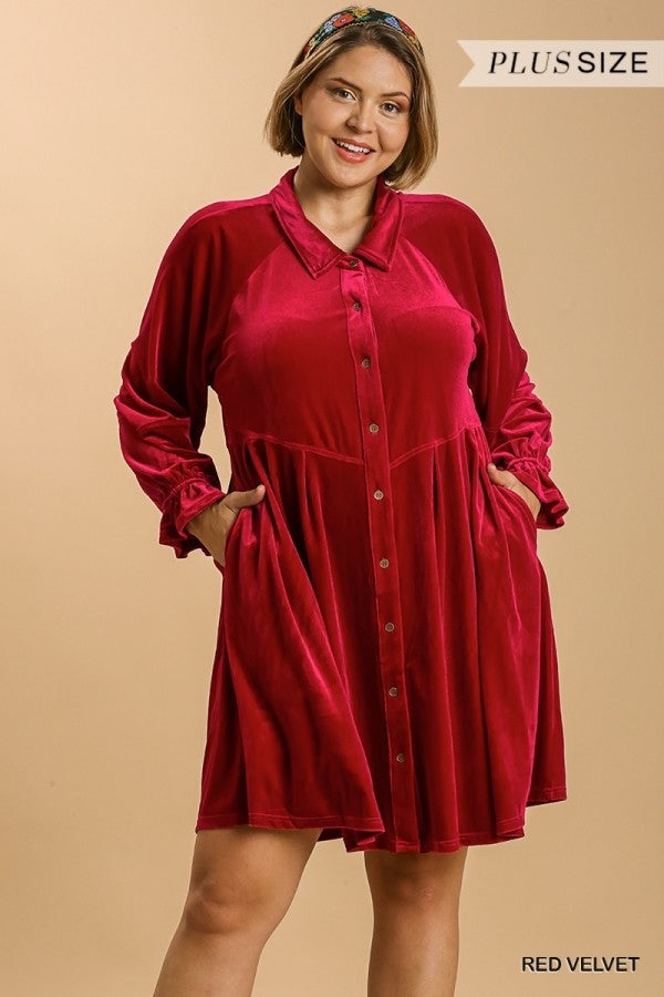 Button Down Ruffle Cuffed Long Sleeve Dress