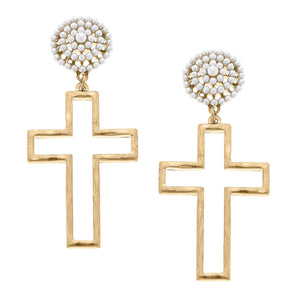 Lydia Cross Pearl Cluster Drop Earrings in Worn Gold