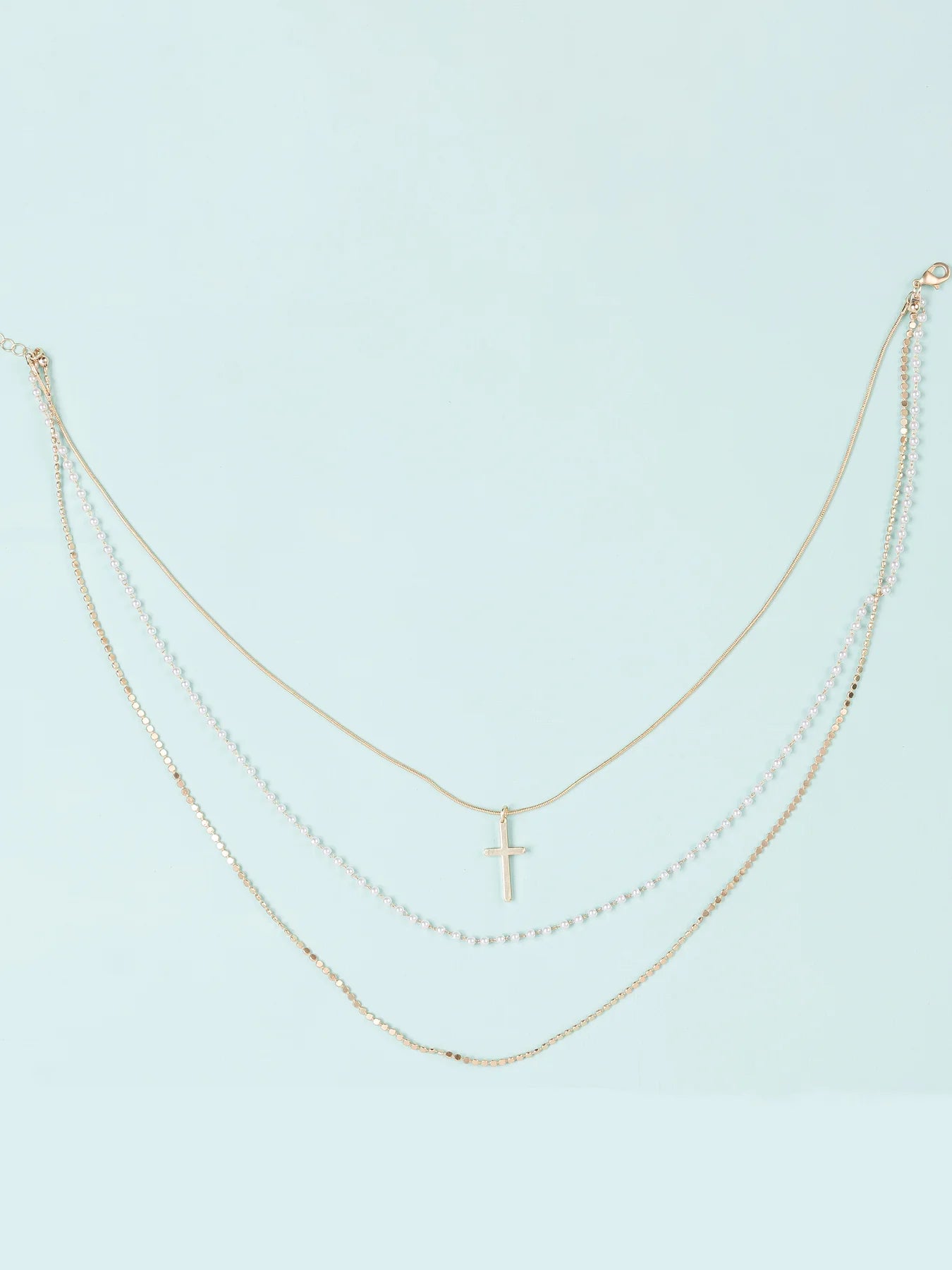 Gold Layered Cross Peral Rosary Bead Neckl;ace