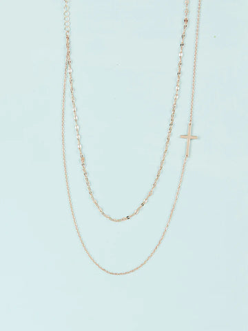 Gold Double Layered Side Cross Necklace